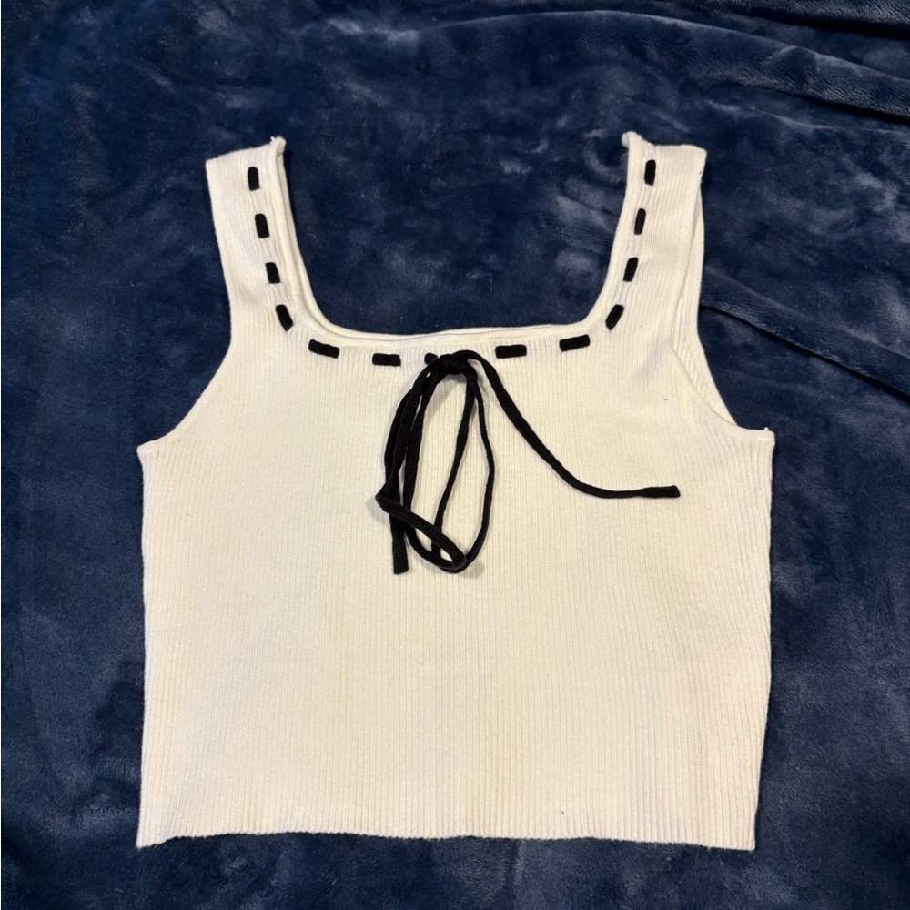 White Ribbed Knit Top with Black Accents